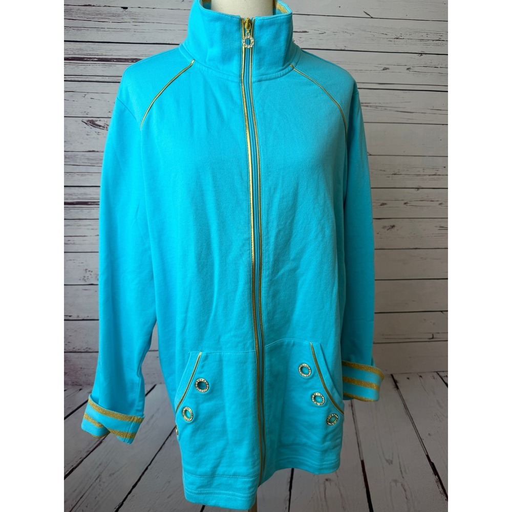 Quacker Factory Jacket Plus size 1X Blue Gold Rhinestone Full Zip Sweatshirt